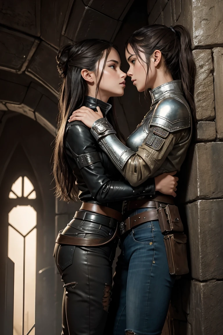 masterpiece. detailed epic fantasy oil painting. 4k. dark ambient. A beautiful two twins s Emma Watson. sparkly brown eyes. athletic. silver belt, boots. stylish leather costume, ripped latex jeans. tactical boots. summer heat. leaning on wall in spaceship. . intricate spaceship interior, maze, Beksinski, Luis Royo style. Background her twin sister. hug, gently looking at each other. cute kiss on cheek. corresponded kiss on cheek.