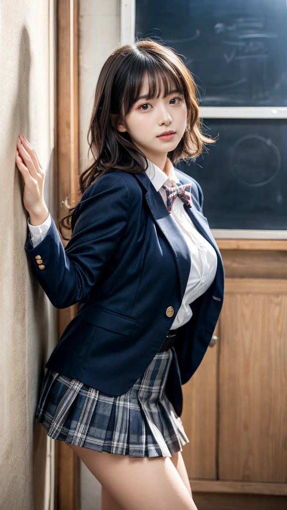 masterpiece, best quality, illustration, Super detailed, fine details, High resolution, 8K,wall paper, perfect dynamic composition,(Details High quality, realistic depiction of eyes:1.3), from side, High School Classroom、High school girl uniform、blazer 、Super Short Check Uniform Skirt、Navy blue high socks、garterbelts、Colossal tits、Disturbed uniform, short hair, (wavy hair:1.2), short bob hair, black hair color, large breasts, Big Natural Color Lip, acrobatic pose, perfect body shape, crying a little、Harajuku style、20 year old girl、cute type, beautiful legs, hposing Gravure Idol, Voluptuous thighs