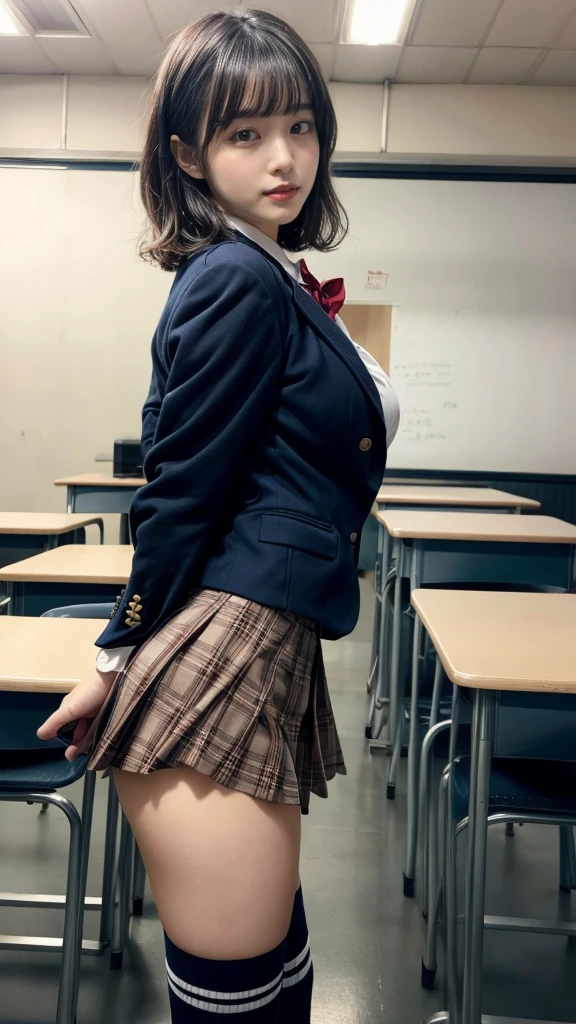 masterpiece, best quality, illustration, Super detailed, fine details, High resolution, 8K,wall paper, perfect dynamic composition,(Details High quality, realistic depiction of eyes:1.3), from side, High School Classroom、High school girl uniform、blazer 、Super Short Check Uniform Skirt、Navy blue high socks、garterbelts、Colossal tits、Disturbed uniform,  short hair, (wavy hair:1.2), short bob hair, black hair color, large breasts, Big Natural Color Lip, acrobatic pose, perfect body shape, crying a little、Harajuku style、20 year old girl、cute type, beautiful legs, hposing Gravure Idol, Voluptuous thighs