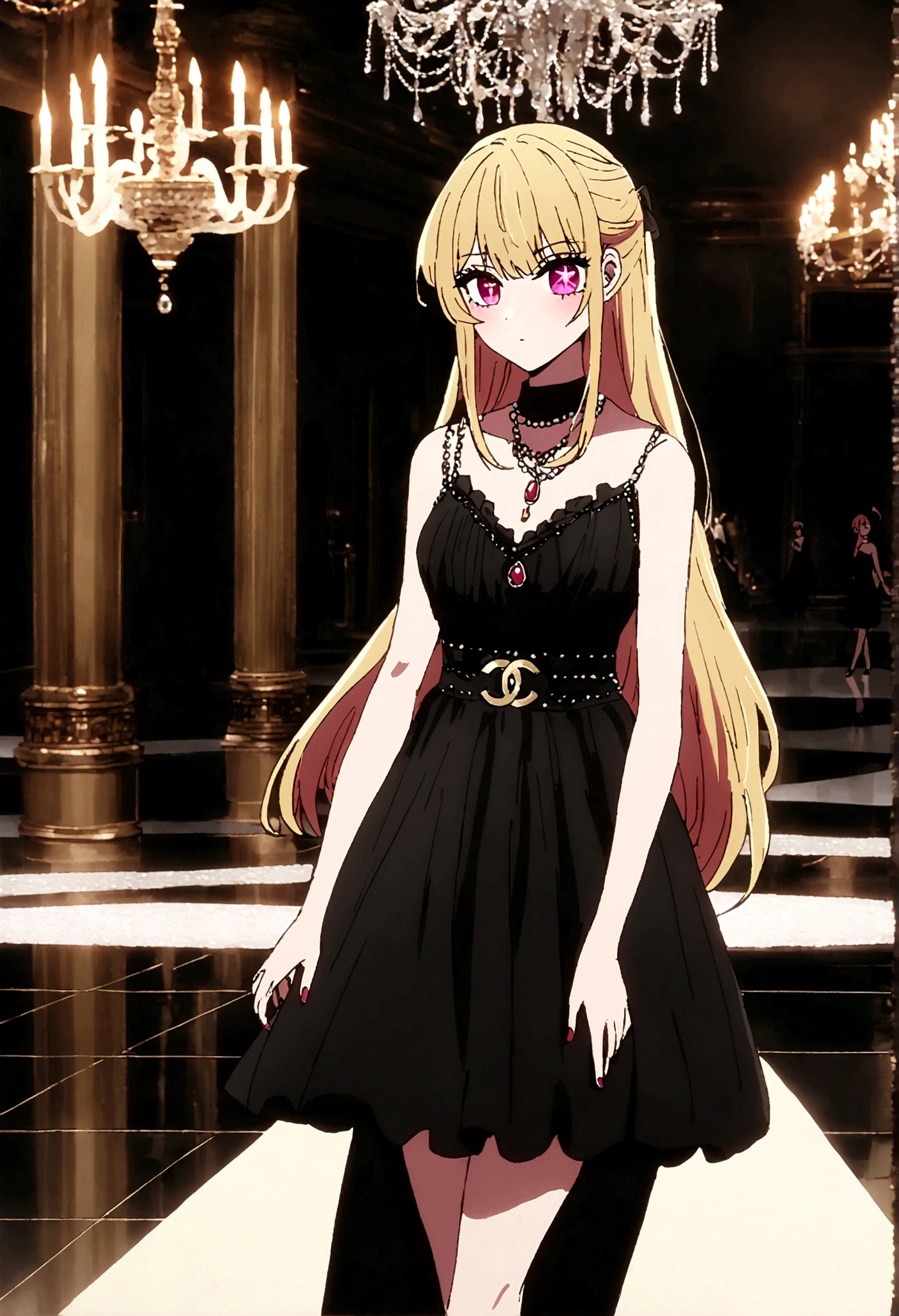 Wearing a black dress by Chanel, hoshinoruby, star-shaped pupils, ruby_hoshino, blonde hair, bangs, 1girl, pink eyes, long hair, Floor with luxurious chandeliers,