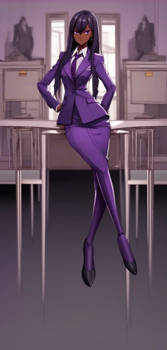 Black anime business woman in a purple skirt suit 
