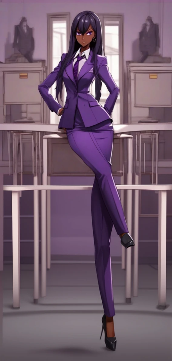 Black anime business woman in a purple skirt suit
