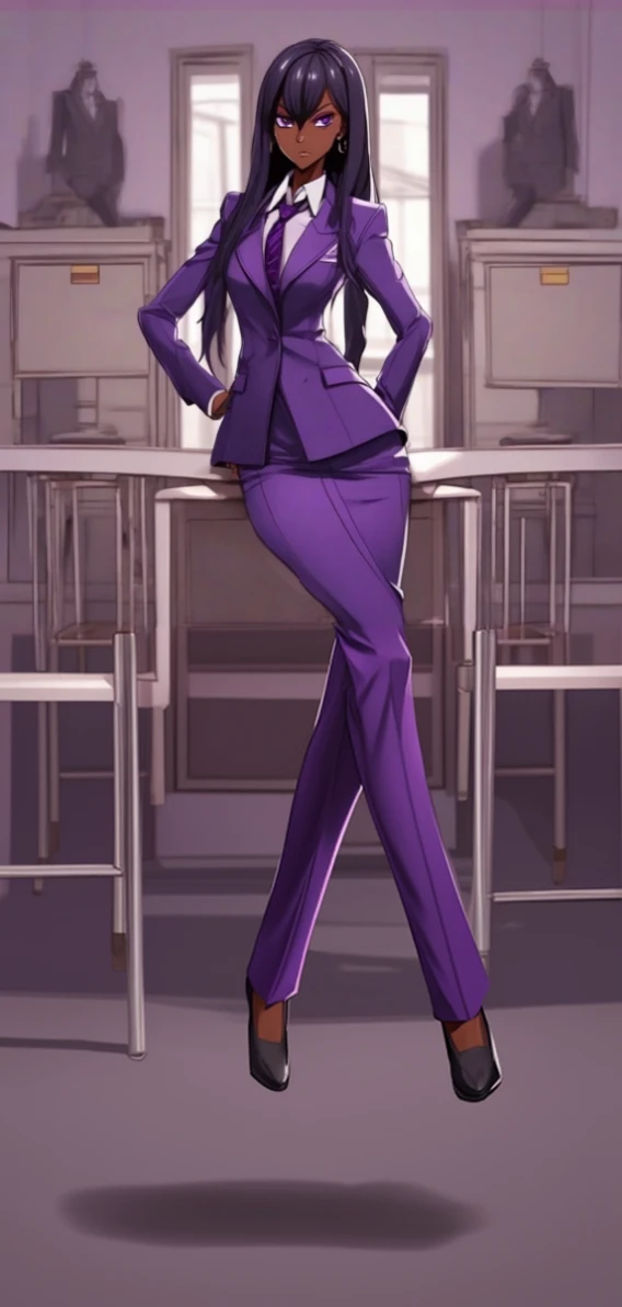 Black anime business woman in a purple skirt suit