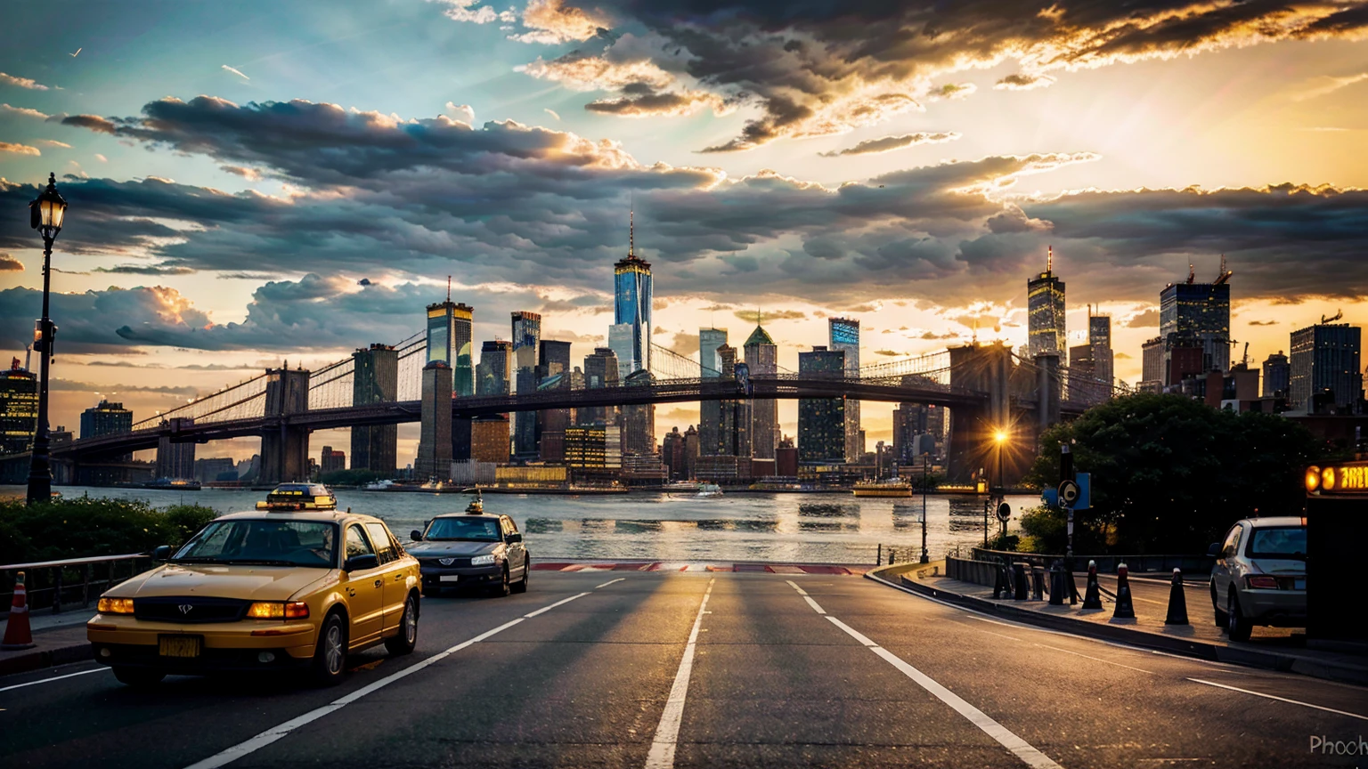 New York City, Brooklyn Bridge, East River, Midtown Manhattan skyline, yellow taxis, city buildings, skyscrapers, heavy traffic, asphalt road, (best quality, 8K, high resolution ,Artwork:1.2),ultra-detailed,(realistic,photorealistic,photo-realistic:1.37),Cinematic lighting,cinematic composition,vibrant colors,dramatic shadows,intricate details,architectural elements,cityscape,urban scene