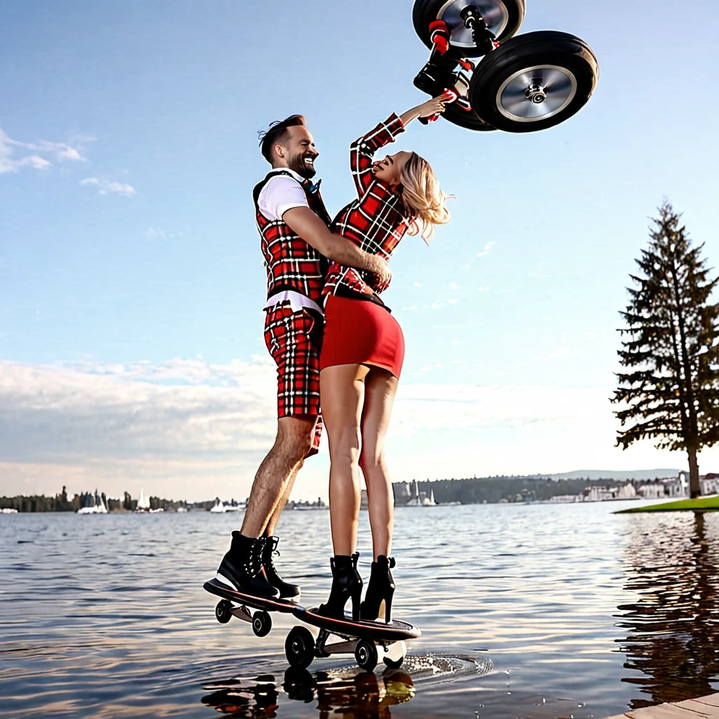 LOW ANGLE SHOT, CAPTURE FROM GROUND. a man wearing plaid blazzer vest and woman in red bodycon dress, romanticaly hugging on spinning around flyboards