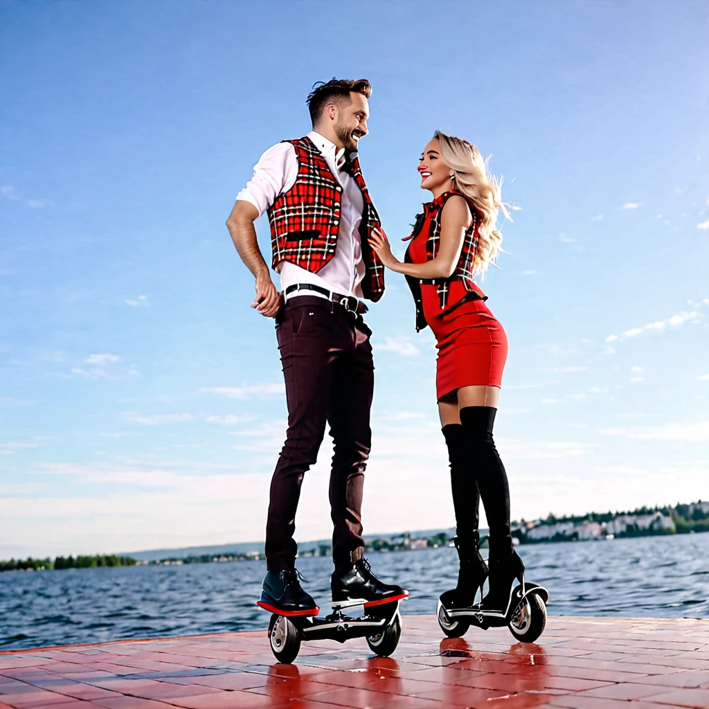 LOW ANGLE SHOT, CAPTURE FROM GROUND. a man wearing plaid blazzer vest and woman  in red bodycon dress, romanticaly hugging  on spinning around flyboards