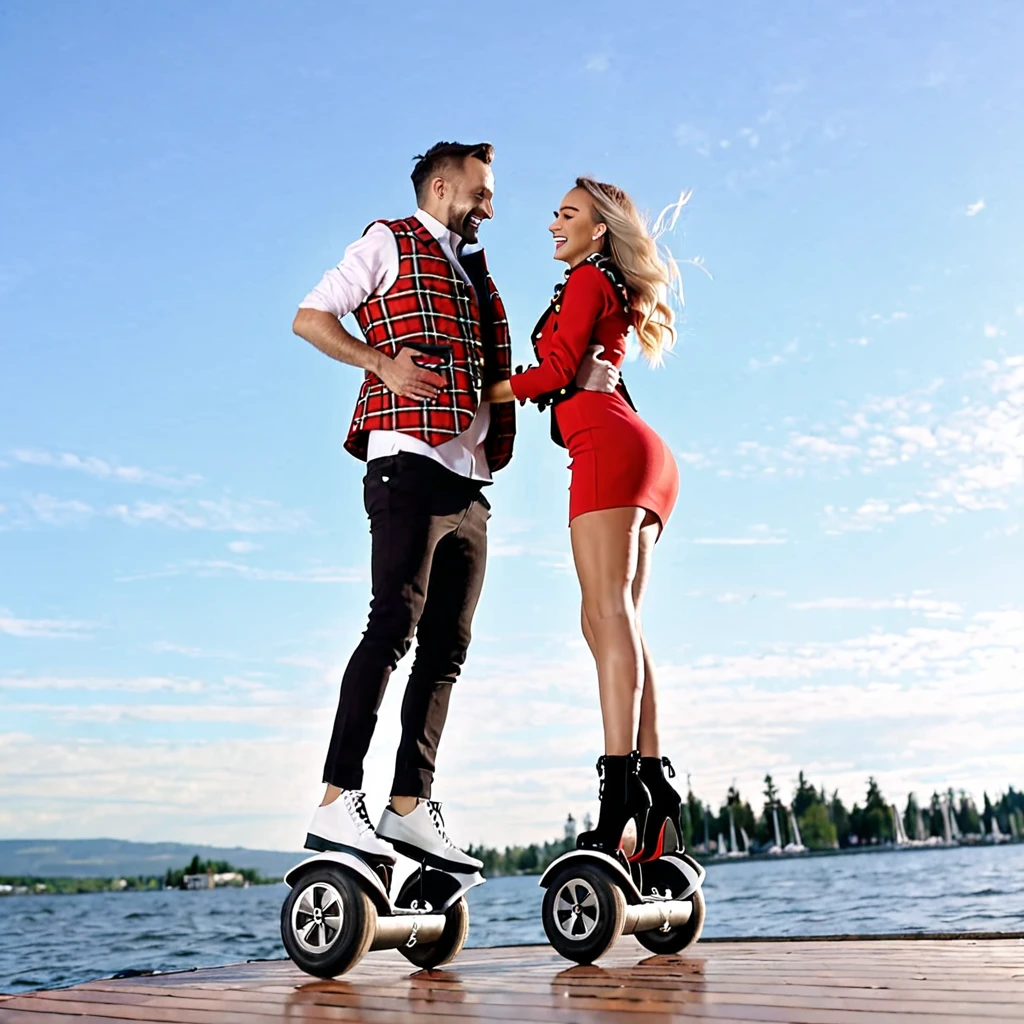 LOW ANGLE SHOT, CAPTURE FROM GROUND. a man wearing plaid blazzer vest and woman  in red bodycon dress, romanticaly hugging  on spinning around flyboards