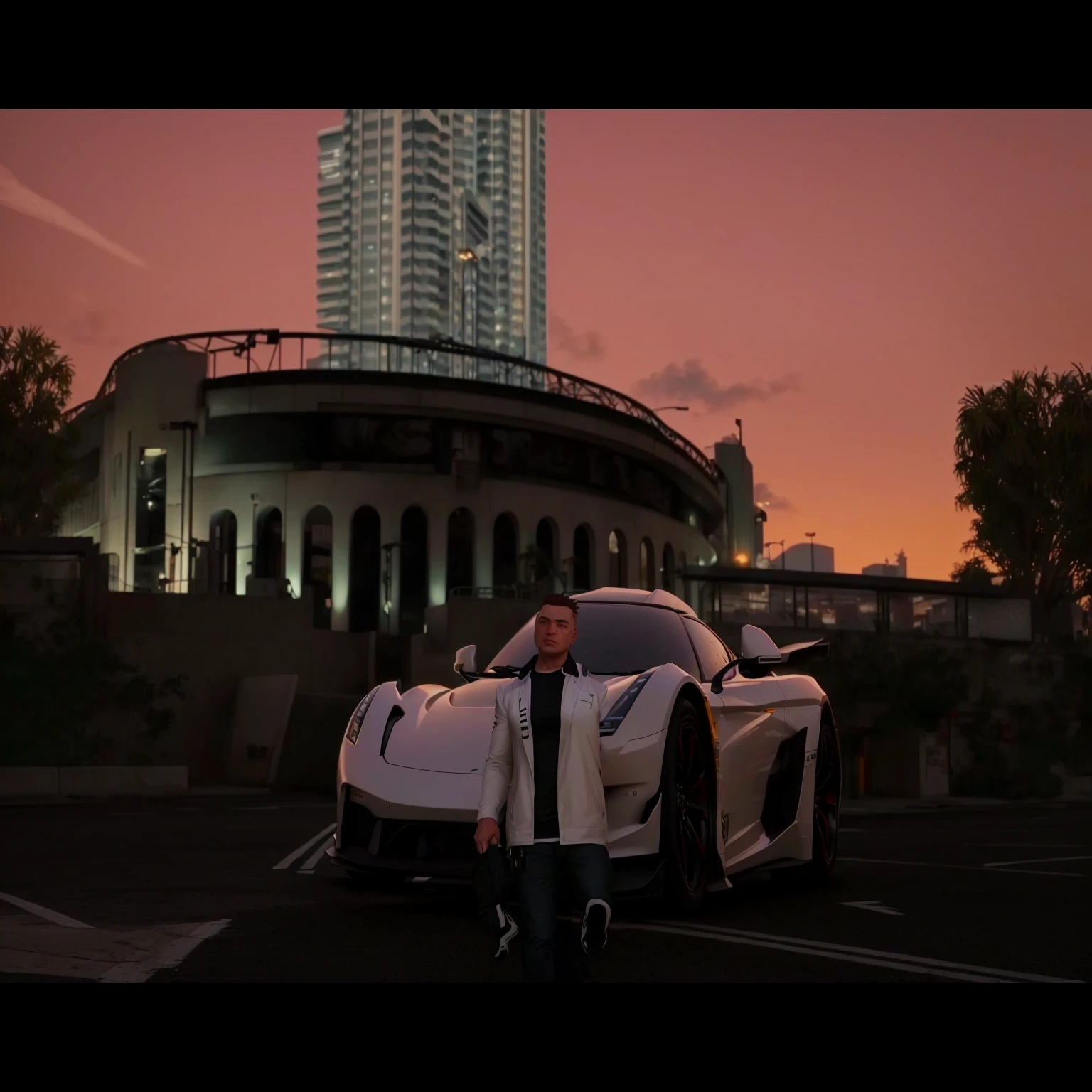 there is a man standing next to a white sports car, cinematic screenshot gta 5, gta5 style, style of gta v, gta 6 style, gta v style, gta 5 screenshot, style of gta v artworks, gta v screenshot, screenshot from gta v, gta v street style, elon musk in gta v, gta loading screen, gta 5 loading screen