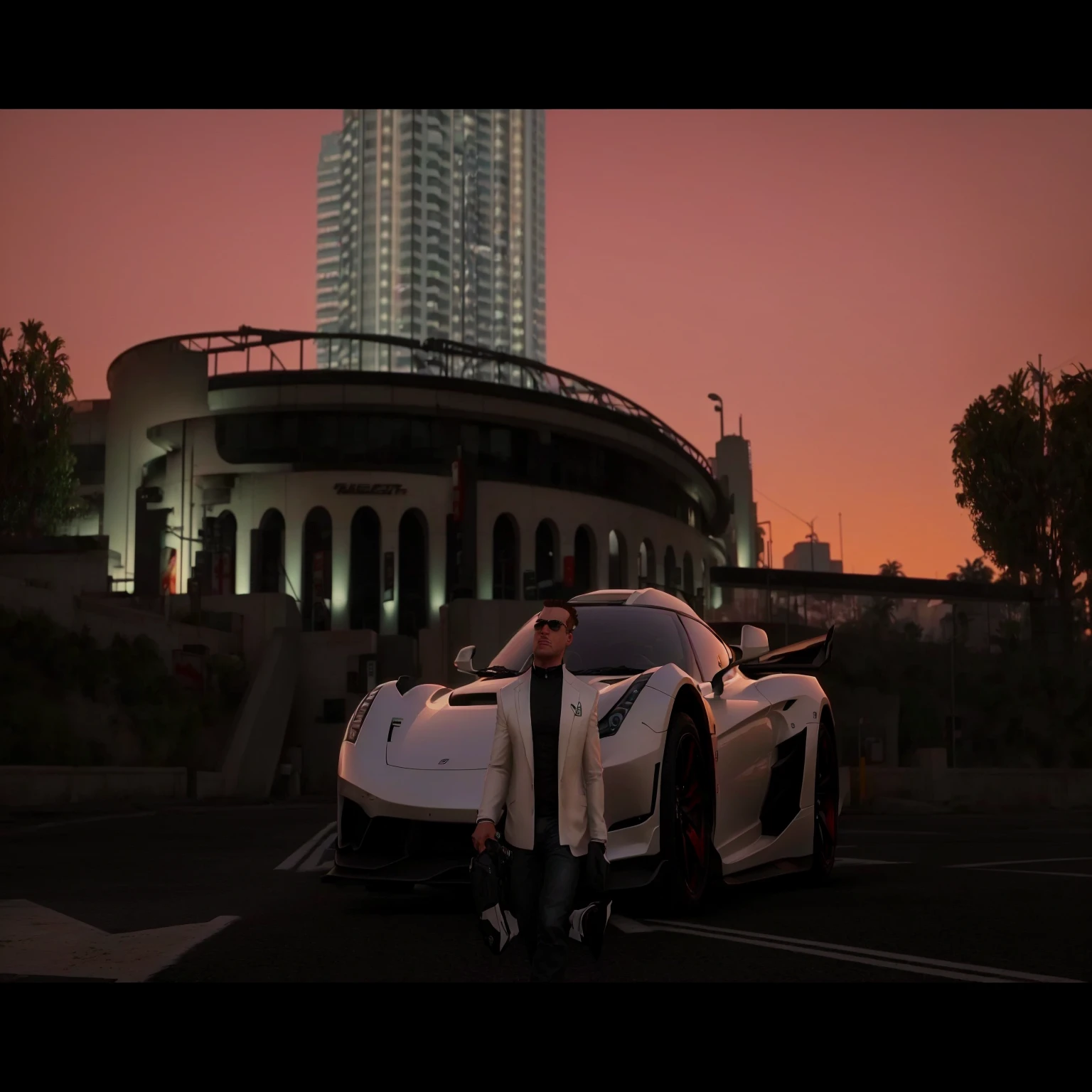 there is a man standing next to a white sports car, cinematic screenshot gta 5, gta5 style, style of gta v, gta 6 style, gta v style, gta 5 screenshot, style of gta v artworks, gta v screenshot, screenshot from gta v, gta v street style, elon musk in gta v, gta loading screen, gta 5 loading screen