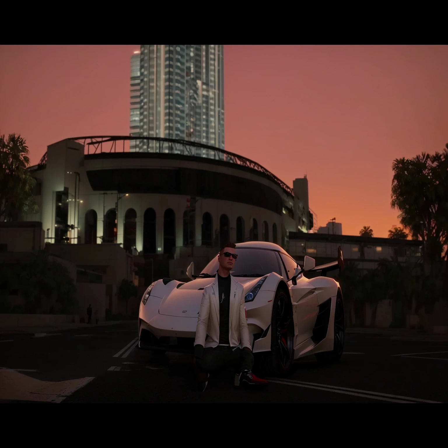 there is a man standing next to a white sports car, cinematic screenshot gta 5, gta5 style, style of gta v, gta 6 style, gta v style, gta 5 screenshot, style of gta v artworks, gta v screenshot, screenshot from gta v, gta v street style, elon musk in gta v, gta loading screen, gta 5 loading screen