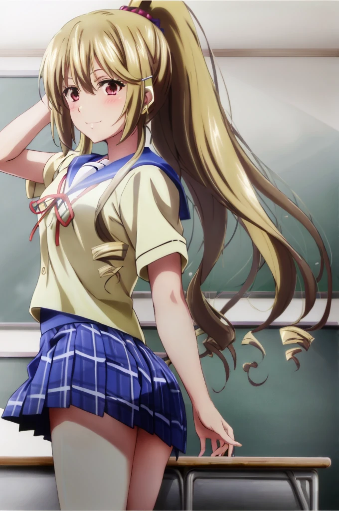 ((masterpiece,Highest quality, detailed)), ultra-detailed, detailed hair, Sharp focus, , (One girl:1.2), alone,( Long Hair:1.3), ,Medium chest,(High Ponytail:1.2), Are standing, (View your viewers:1.2), (Ocean:1.3),, (school uniform:1.4),School、stage、The best smile、Embarrassed face、Beautiful Landscape、Wave one hand、Checkered Skirt、窓からOceanを見つめる女の子、