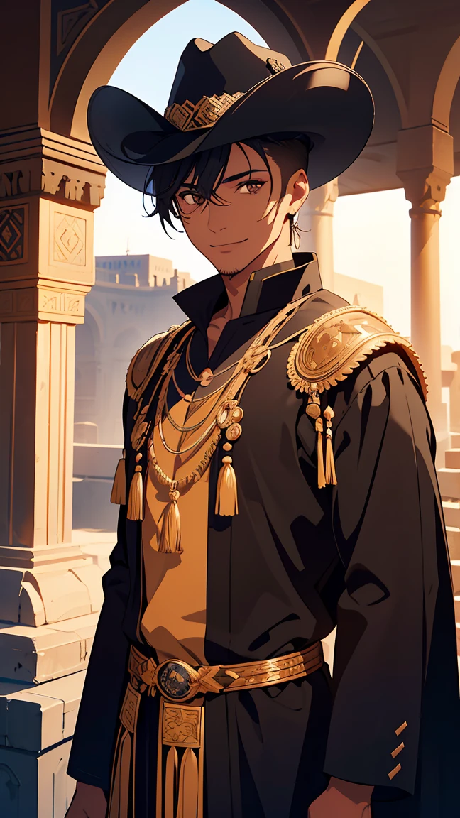 Arabic,man1,(black skin),round face,brown eyes,black hair,(fade haircut,smile,cowboy shot),(black Arabic costume for man),highly detailed CG, unit, 8K wallpapers, highest quality, high resolution, beautiful lighting, realistic shadow,detailed face Highly,detailed eyes Highly,detailed hair Highly