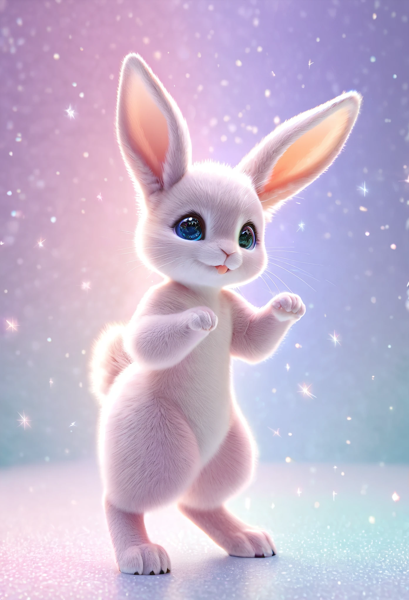 best quality, super fine, extremely detailed, 2.5D, delicate and dynamic, cute fluffy baby rabbit standing, claw pose, paw pose, sparkly pastel color effect background
