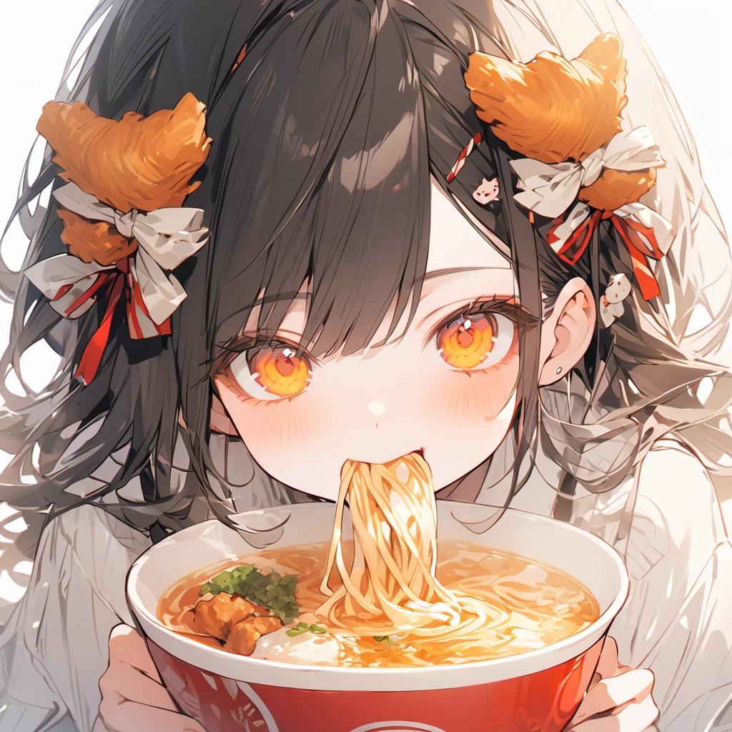 slurping ramen. Fried chicken hair ornament is delicious