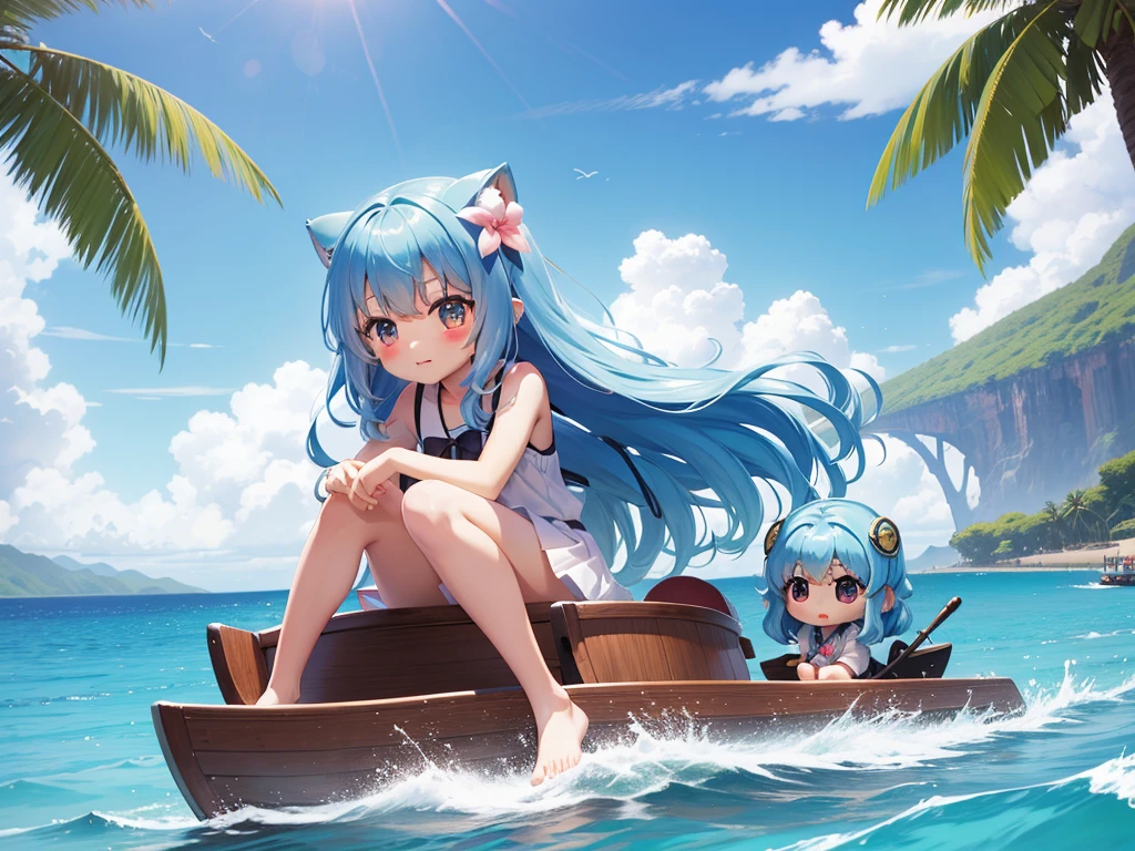 Paddle a boat in Hawaiian waters　Chibichara　long hair with blue hair((Chibi Chara))、Fluffy、girl with、Chibi Chara、full body Esbian、Pastel colors hair、masutepiece、top-quality、