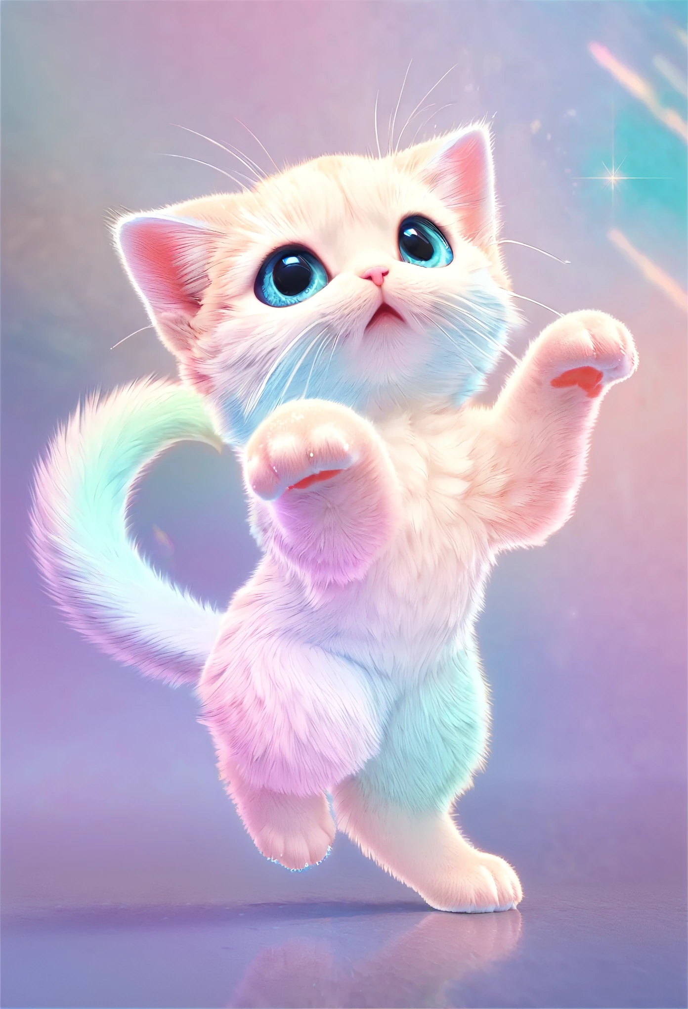 best quality, super fine, extremely detailed, 2.5D, delicate and dynamic, cute fluffy kitten standing, claw pose, paw pose, sparkly pastel color effect background