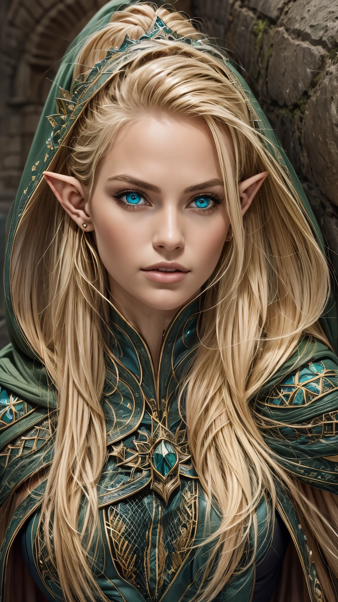 medieval setting, full view of body, (detailed elf ear, 1 woman, elven featured face, beautiful green eyes, blonde hair), leather armor, black leather pants, leather hooded cape, 