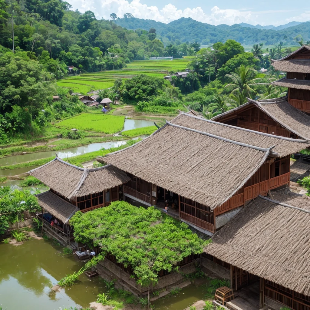 capture from above head, high angle shot. a typical malay villagers gathering around. an oldman put machete on trex neck, a lot of people watching. traditional malay house, paddy field, coconut tree, cow, goat ,chicken background.