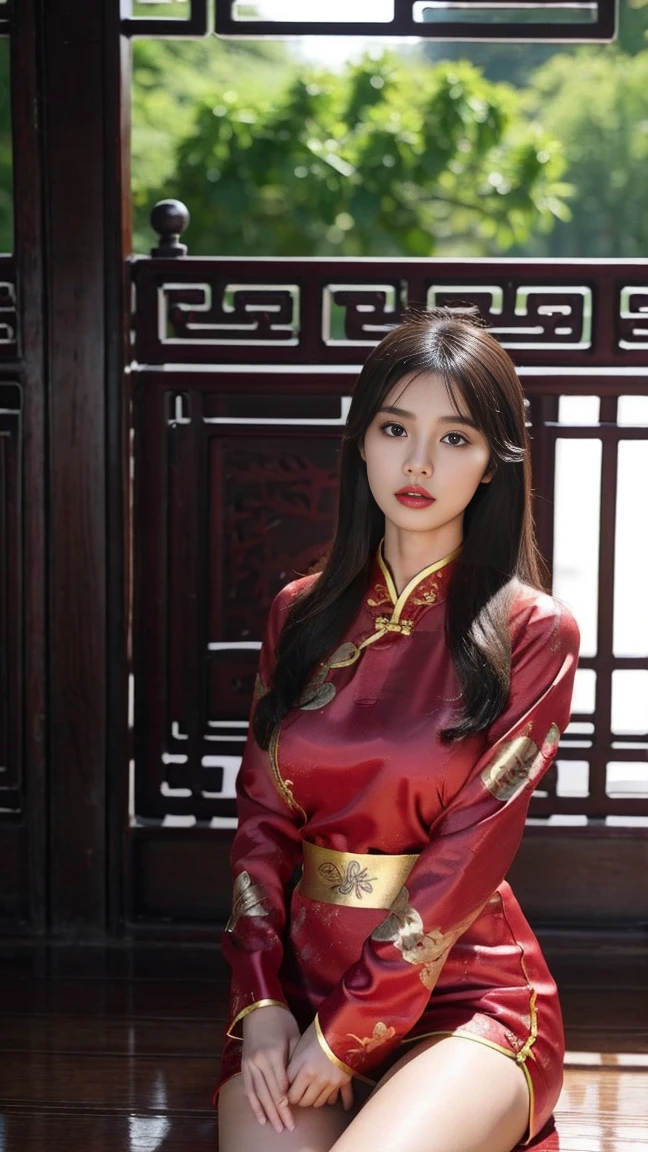 beautiful a girl、high-level image quality、Like a shot with an SLR、big breast beauty、Sensual body、thighs thighs thighs thighs、slit、Painting a work of art depicting a woman in a sexy traditional cheongsam,Chinese hair ornament:1.4,Chinese hairpins:1.4,Chinese hairsticks:1.4