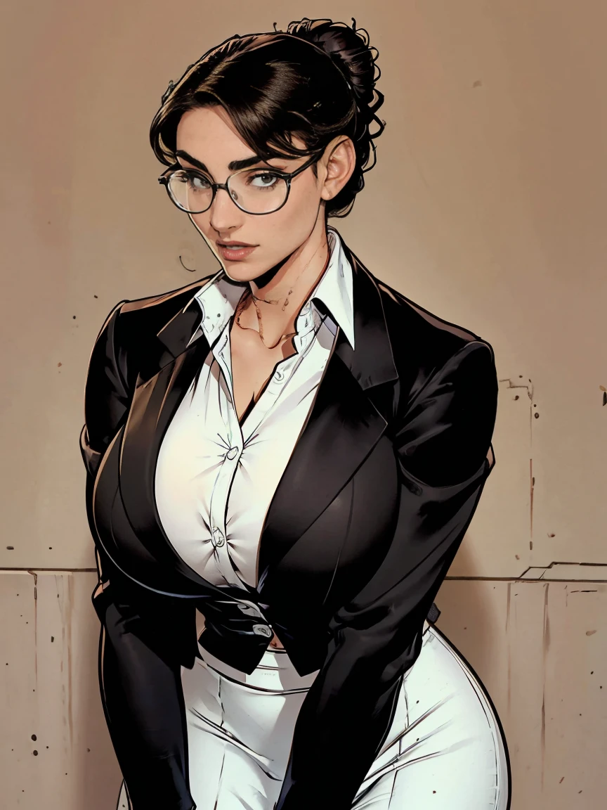 Gorgeous and sultry athletic (thin) brunette with sharp facial features and a (large nose) and (huge boobsring a black blazer, white blouse and black pencil skirt, glasses, updo