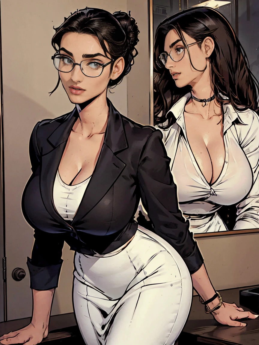 Gorgeous and sultry busty athletic (thin) brunette with sharp facial features and a (large nose) and (huge boobs) wearing a black blazer, white blouse and black pencil skirt, glasses, updo