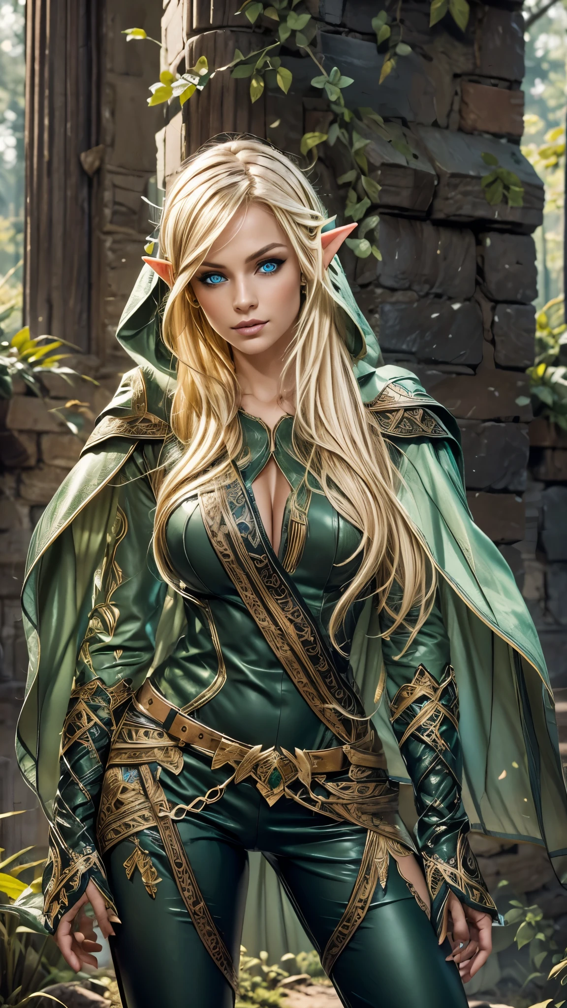 medieval setting, full view of body, (detailed elf ear, 1 woman, elven featured face, beautiful green eyes, blonde hair), leather armor, black leather pants, leather hooded cape,