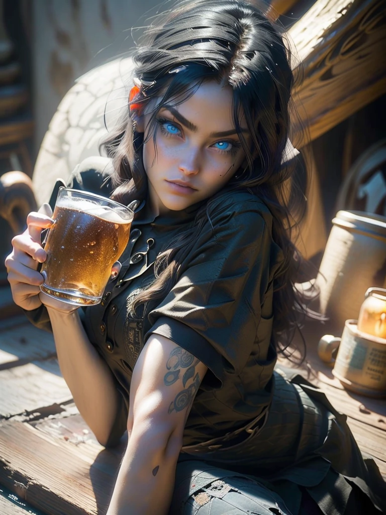 1girl,fantasy tavern interior,girl with blue lion eyes,black hair,pale skin,small breasts,slim waist,fit body,witch,mug of beer,candlelight,wooden furniture,intricate details,(best quality,4k,8k,highres,masterpiece:1.2),ultra-detailed,(realistic,photorealistic,photo-realistic:1.37),studio lighting,vivid colors,dramatic lighting