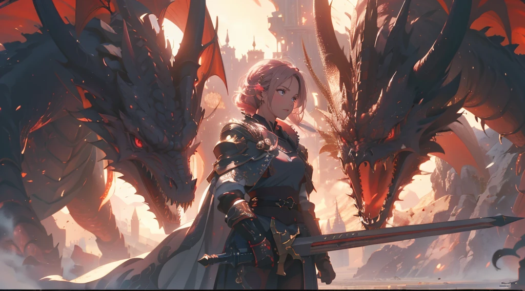 (masterpiece), (best quality), (ultra-detailed), (best illustration), (best shadow), (absurdres), Female, 25 years old, pink hair, serious, glow red eyes,  Dragon, 