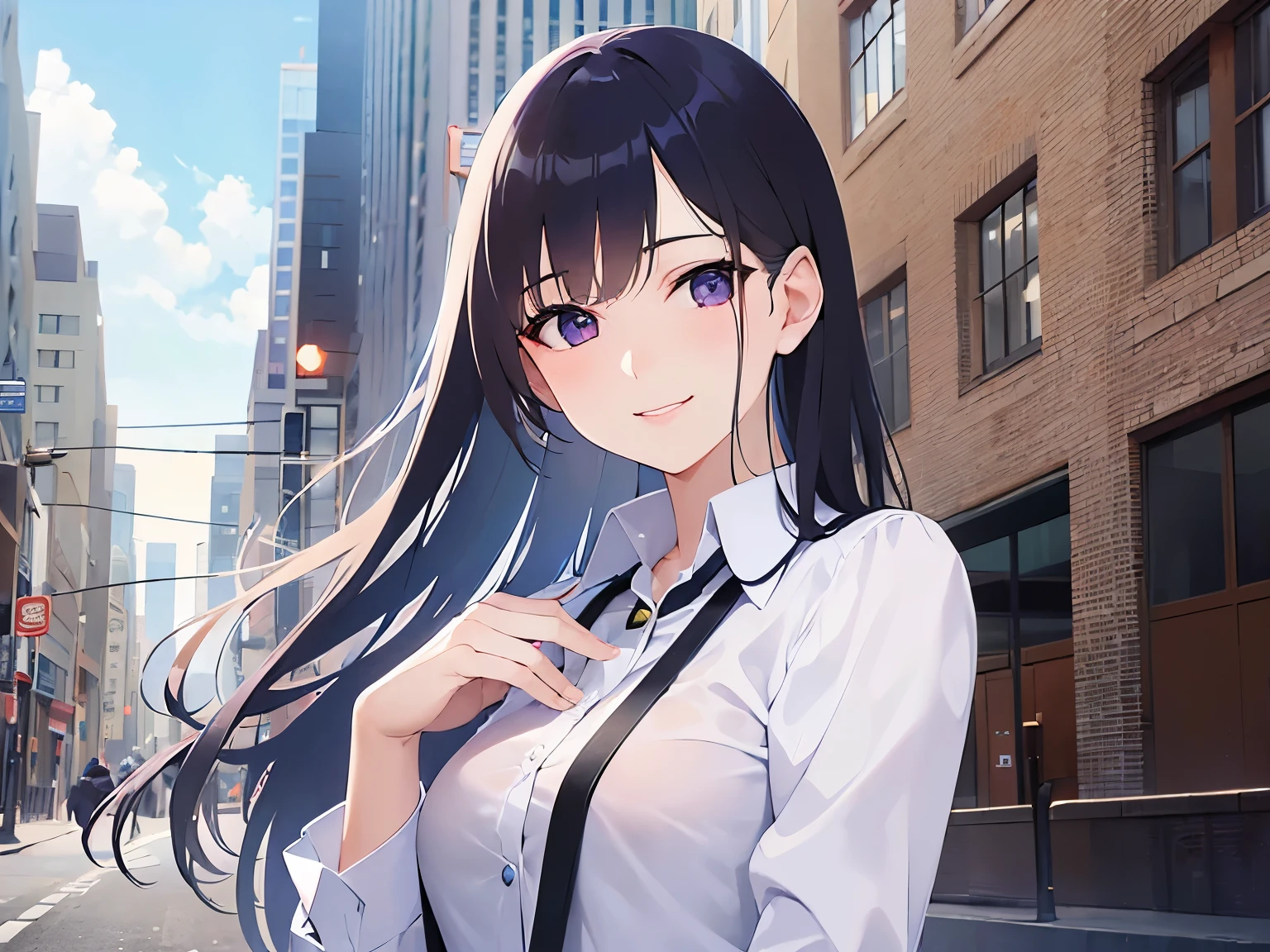Detailed CG, Ultra-fine illustrations,masterpiece,highest quality, AW Photos,Realistic,Upper Body,BREAK(white collared shirt:1.5)BREAK,(Pale skin:1.2),Shiny skin Shiny Hair,(A 26-year-old woman with straight hair and bangs)and(Medium Hair)and(Black Hair)and(Purple eyes),(smile:1.5),(blush),(Hands wiping away tears),(Biologically correct5Fingesurprised)and(missing fingers),The background is the city,upper body,alone