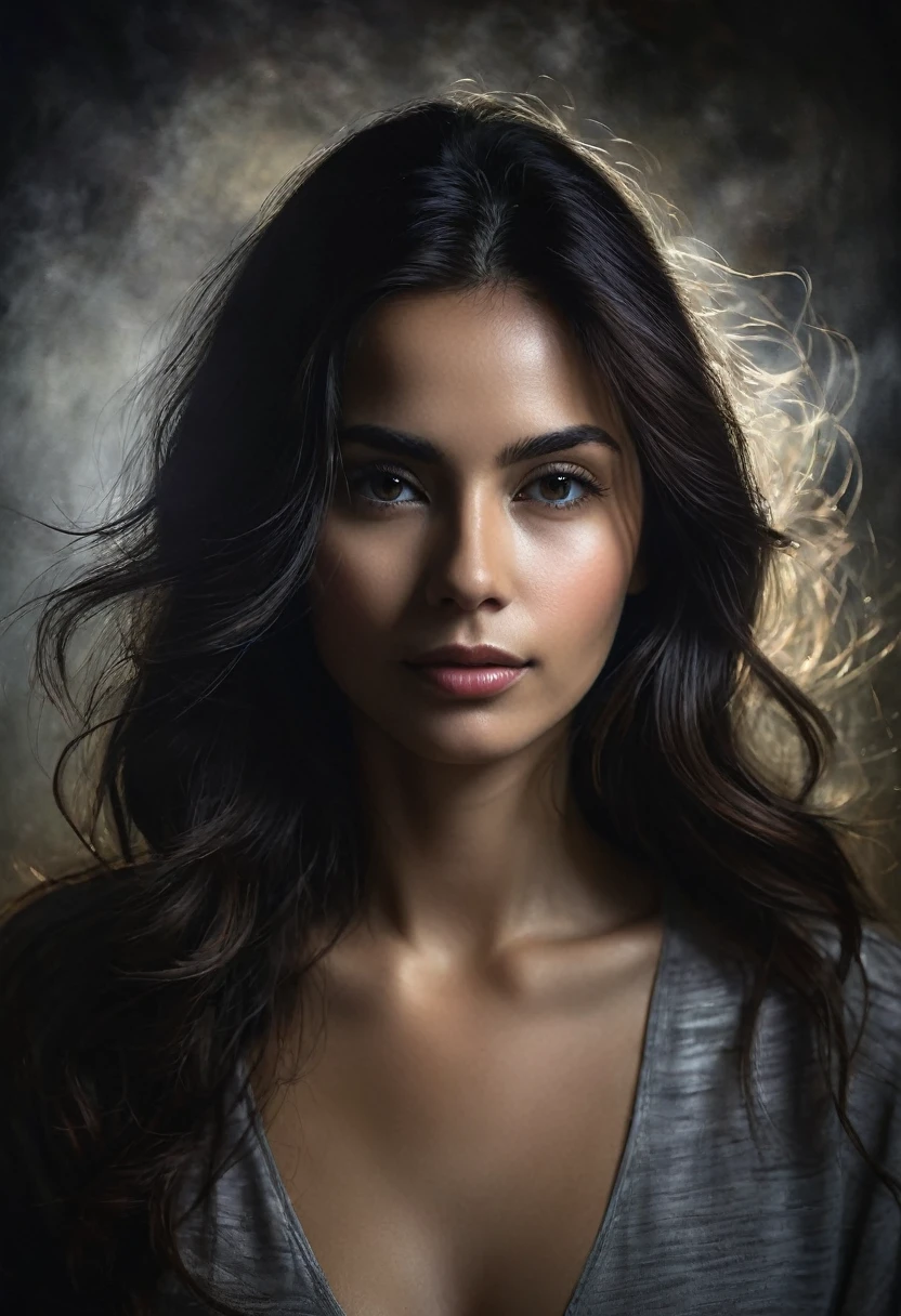 Retrato de mujer muy seria con fondo obscuro, imagen hiper realista