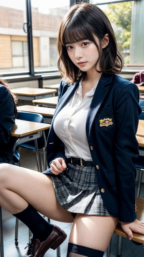 masterpiece, best quality, illustration, Super detailed, fine details, High resolution, 8K,wall paper, perfect dynamic composition,(Details High quality, realistic depiction of eyes:1.3), from side, High School Classroom、High school girl uniform、blazer 、Super Short Check Uniform Skirt、Navy blue high socks、garterbelts、Colossal tits、Disturbed uniform,  short hair, (wavy hair:1.2), short bob hair, black hair color, large breasts, Big Natural Color Lip, acrobatic pose, perfect body shape, crying a little、Harajuku style、20 year old girl、cute type, beautiful legs, hposing Gravure Idol, Voluptuous thighs