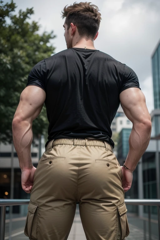 Cinepolis employed, young man, bearded, caucasian, profile side, big bubble butt, khaki color tight trousers, hunk, muscled, good looking backside, hat on the head