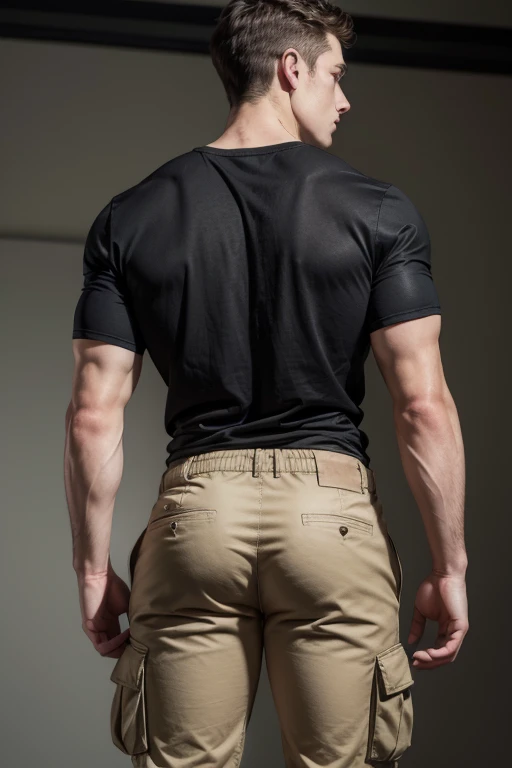 Man hunk, brunette, caucasian, khaki cargo pants, big tighs, tight pants, black t-shirt, good backside, big butt