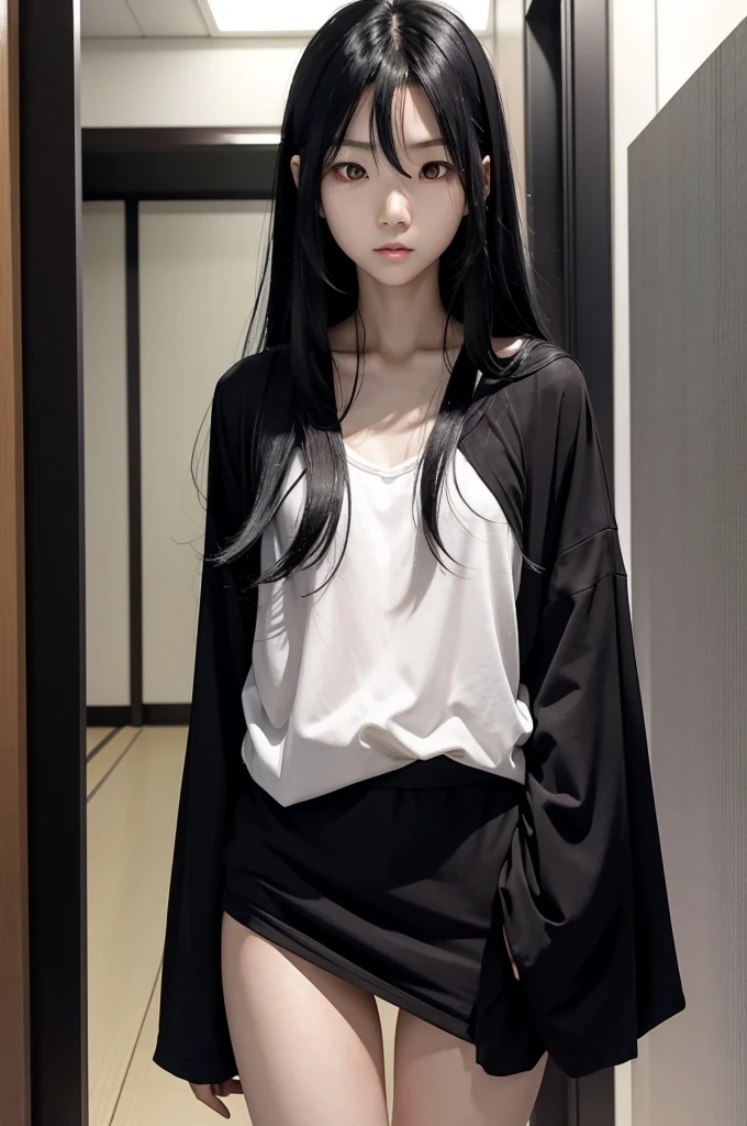 A Japanese woman with long jet black hair that completely covers her face, obscuring it entirely. She has a slender, tween-ish body with a flat chest, small butt, and a pronounced thigh gap. Her skin is pale, contributing to her eerie and aloof appearance. She often wears simple, loose-fitting clothes, adding to her mysterious vibe.