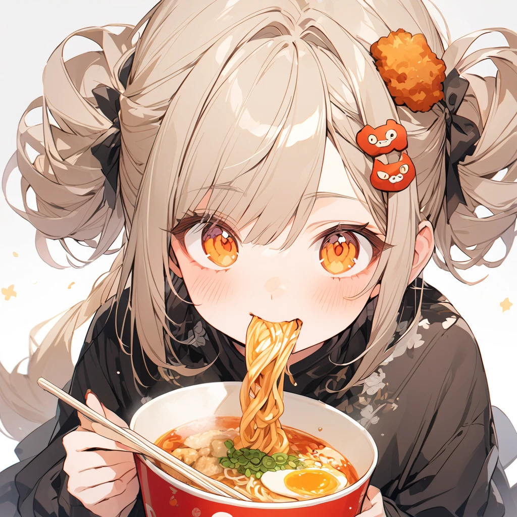 A with a  slurping ramen. Fried chicken hair ornament is delicious