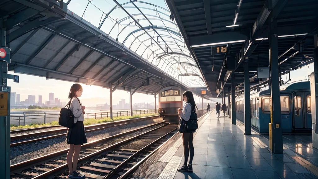 8k, {best quality}, {very aesthetic}, {ultra-detailed}, {best illustration}, Waiting for the train on the platform at the station early in the morning, Refreshing atmosphere, High school girl on her way to school, Backlight, Black Hair,　Carry a bag,