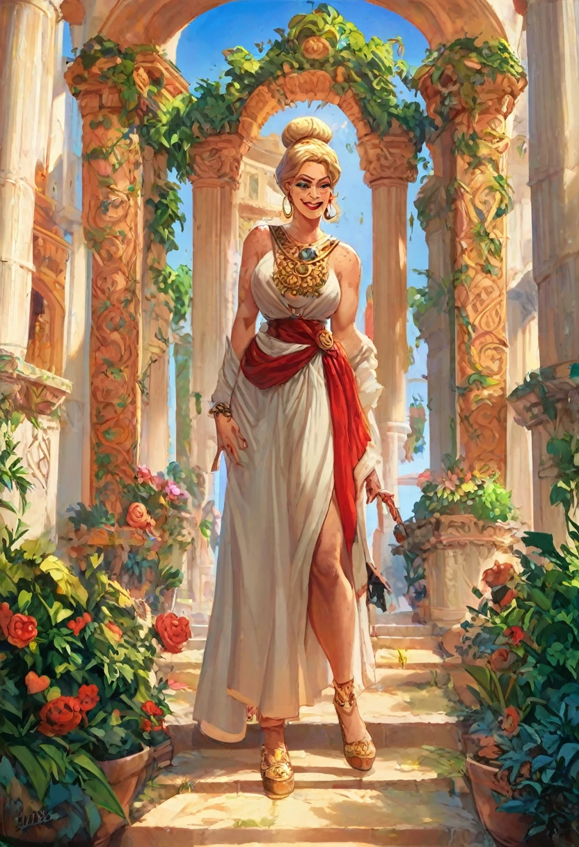 Score_9, score_8_up, score_7_up, crayon art, disney art style, mature face, black eyeliner, red lipstick, rough scetch, beautiful woman, (full body shot), A gorgeous Greek woman wearing a Toga, ancient Greece background, blonde hair, hair in bun, freckles, smirking, accessories, standing in garden