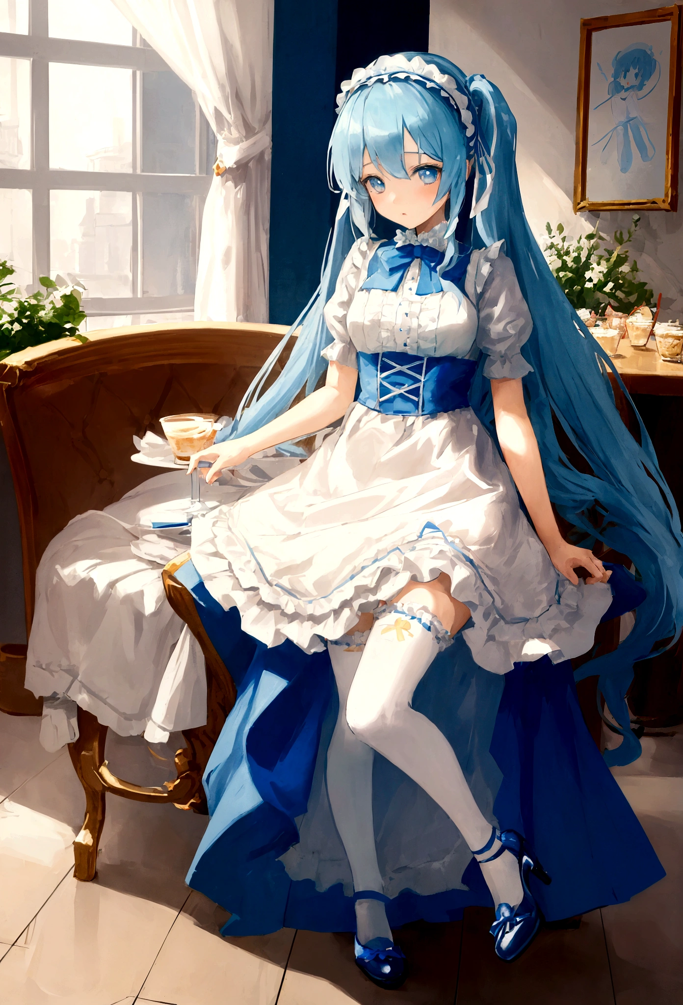 An illustration featuring a ta girl in an anime style is depicted with pastel blue and white attire. The character is characterized by long beige ponytails, a ruffled headband adorned with a blue ribbon, and white striped blue stockings paired with heels. The scene is set in a café shop.