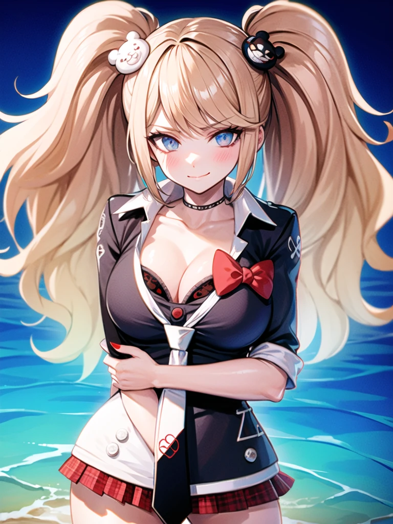 junko enoshima, blonde long hair, 1girl, twintails, solo, breasts, blue eyes, cleavage, collarbone, large breasts, bangs, blush, closed mouth, smirk, looking at viewer, upper body, bear hair ornament, nail polish, red nails, red bow, black shirt, underwear, choker, black bra, sleeves rolled up, white necktie, pleated plaid red skirt, , black cross-laced knee boots, shiny, shiny hair, botw style,
