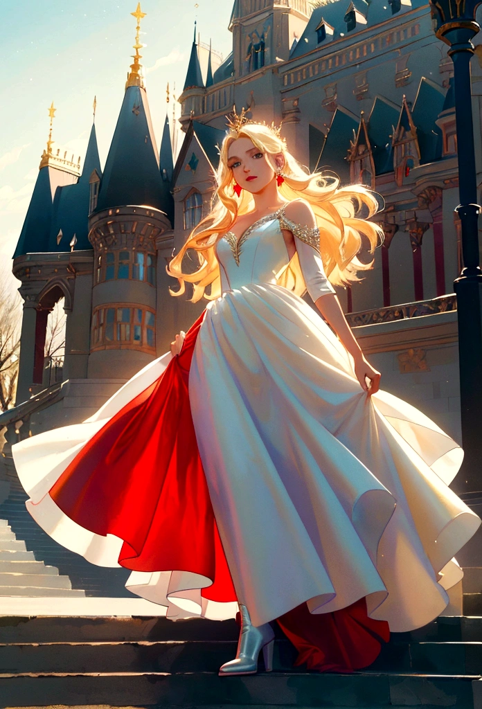 Arafed, a picture of a female angel in high society prom event, divine beautiful female angel, blond hair, long hair, flowing hair, the hair glows in a soft light, cerulean eyes, deep light eyes, divine beautiful face, (spread white feather wings: 1.1), she wears a ((red evening dress: 1.2)), elegant, intricate detailed dress, silk dress, small cleavage, some crystals on the dress, she wears elegant knee high heeled boots, exquisite high heeled boots, she stands on the porch of a fantasy castle, dynamic angle, soft torch light, (Masterpiece: 1.5), 16k, highres, best quality, high details, ultra detailed, masterpiece, best quality, (extremely detailed), AngelStyle, GlowingRunesAI_paleblue, angel_wings, Angel
