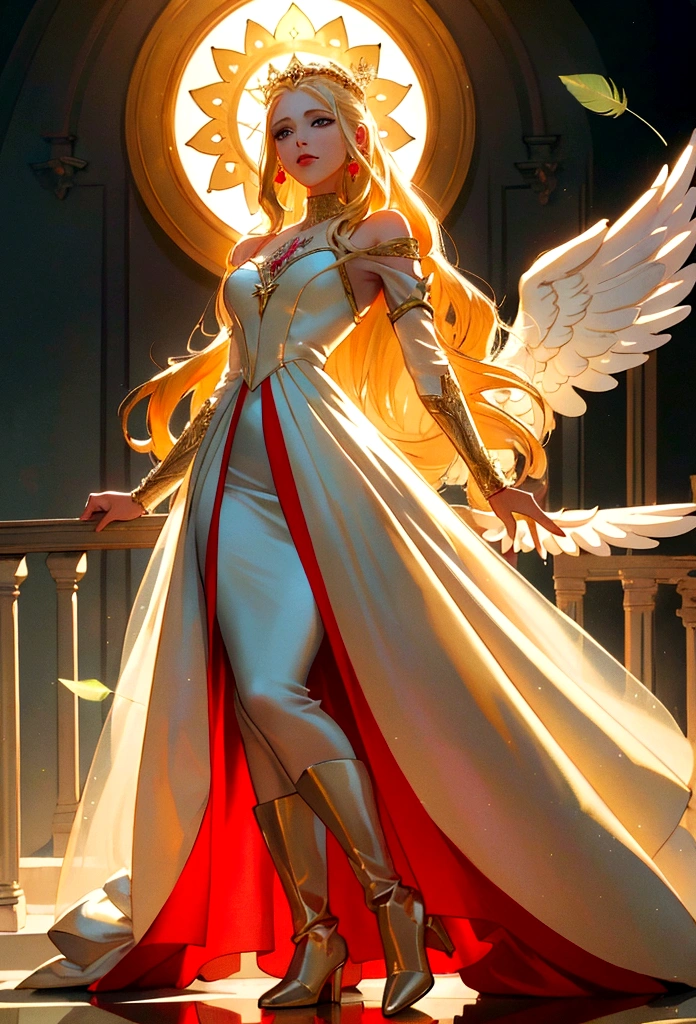 Arafed, a picture of a female angel in high society prom event, divine beautiful female angel, blond hair, long hair, flowing hair, the hair glows in a soft light, cerulean eyes, deep light eyes, divine beautiful face, (spread white feather wings: 1.1), she wears a ((red evening dress: 1.2)), elegant, intricate detailed dress, silk dress, small cleavage, some crystals on the dress, she wears elegant knee high heeled boots, exquisite high heeled boots, she stands on the porch of a fantasy castle, dynamic angle, soft torch light, (Masterpiece: 1.5), 16k, highres, best quality, high details, ultra detailed, masterpiece, best quality, (extremely detailed), AngelStyle, GlowingRunesAI_paleblue, angel_wings, Angel