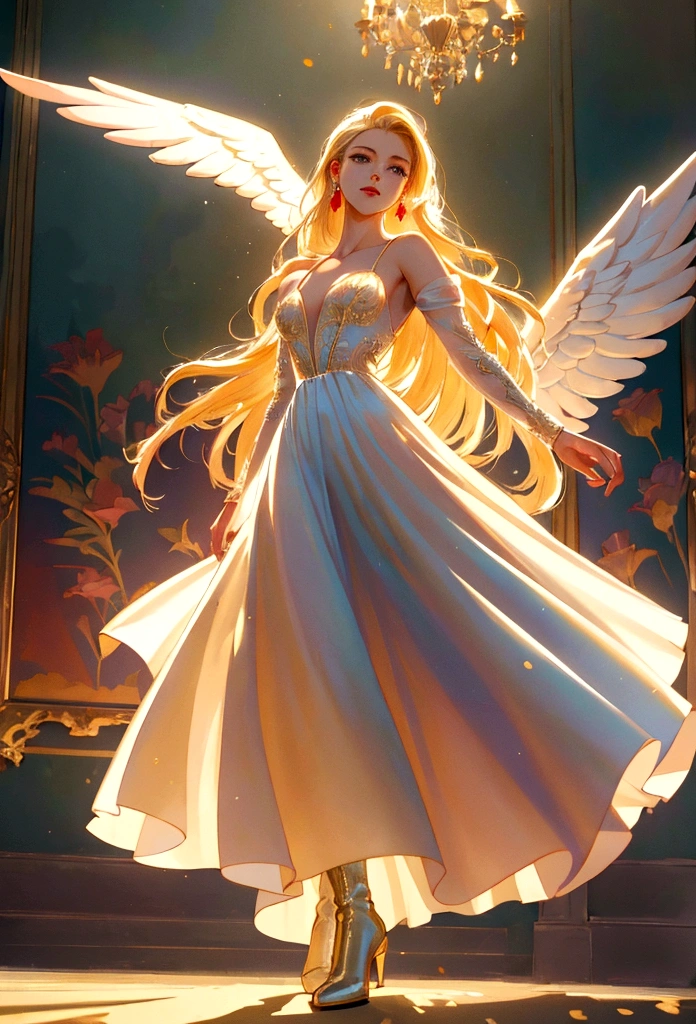 Arafed, a picture of a female angel in high society prom event, divine beautiful female angel, blond hair, long hair, flowing hair, the hair glows in a soft light, cerulean eyes, deep light eyes, divine beautiful face, (spread white feather wings: 1.1), she wears a ((red evening dress: 1.2)), elegant, intricate detailed dress, silk dress, small cleavage, some crystals on the dress, she wears elegant knee high heeled boots, exquisite high heeled boots, she stands on the porch of a fantasy castle, dynamic angle, soft torch light, (Masterpiece: 1.5), 16k, highres, best quality, high details, ultra detailed, masterpiece, best quality, (extremely detailed), AngelStyle, GlowingRunesAI_paleblue, angel_wings, Angel