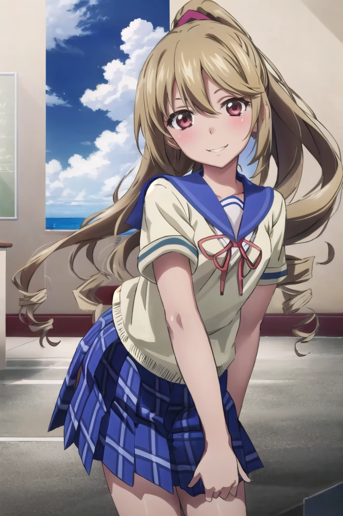 ((masterpiece,Highest quality, detailed)), ultra-detailed, detailed hair, Sharp focus, , (One girl:1.2), alone,( Long Hair:1.3), ,Medium chest,(High Ponytail:1.2), Are standing, (View your viewers:1.2), (Ocean:1.3),, (school uniform:1.4),School、stage、The best smile、Embarrassed face、Beautiful Landscape、Wave one hand、Checkered Skirt、窓からOceanを見つめる女の子、