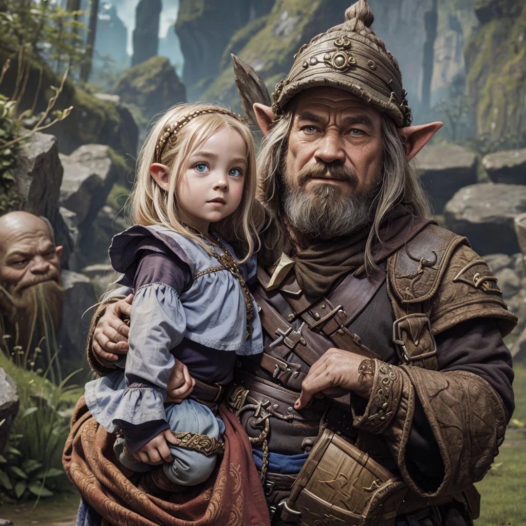 High fantasy, dwarf on right holding goblin on left, mythic background