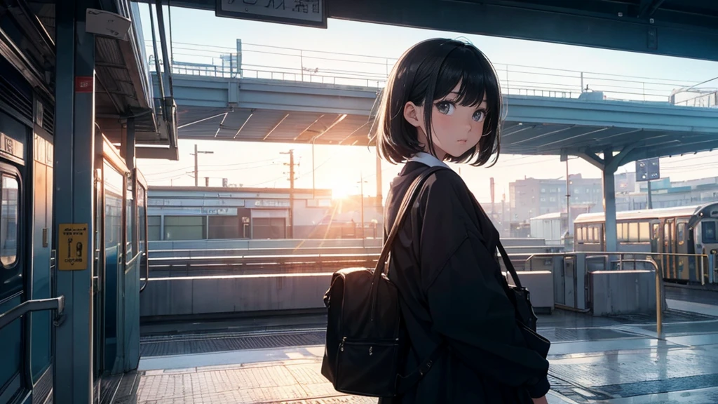 8k, {best quality}, {very aesthetic}, {ultra-detailed}, {best illustration}, Waiting for the train on the platform at the station early in the morning, Refreshing atmosphere, High school girl on her way to school, Backlight, Black Hair,　Carry a bag,