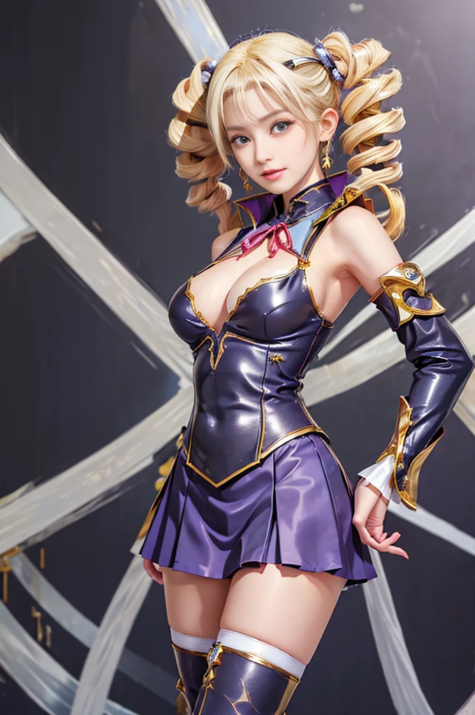 Highest quality Masterpiece 8K Super fine Beautiful Face 1girl Realistic Two Arms Five Fingers Two Legs ((Super Drill Twintails)) ((Platinum Blonde Hair)) Body Plump 18-year-old Shiny skin Slit eyes Thick makeup in Chinese style Narrow eyes Long eyelashes Cao Cao Warlene Awkward gaze An inappropriate smile Leather sleeveless outerwear Transparent white lace inner Purple hair ribbon decorated with a gold skull slender ((Super big breasts:1.6)) Are standing Looking at this Hands on hips Koihime Musou Ultra mini skirt