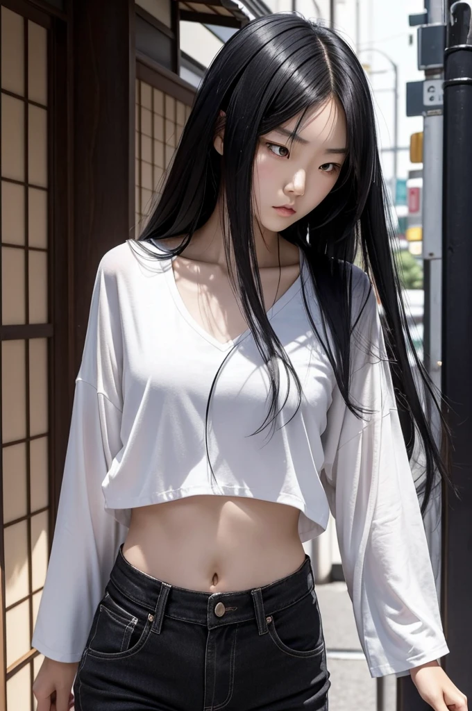 A Japanese woman with long jet black hair that completely covers her face, obscuring it entirely. She has a slender, tween-ish body with a flat chest, small butt, and a pronounced thigh gap. Her skin is pale, contributing to her eerie and aloof appearance. She often wears simple, loose-fitting clothes, adding to her mysterious vibe.