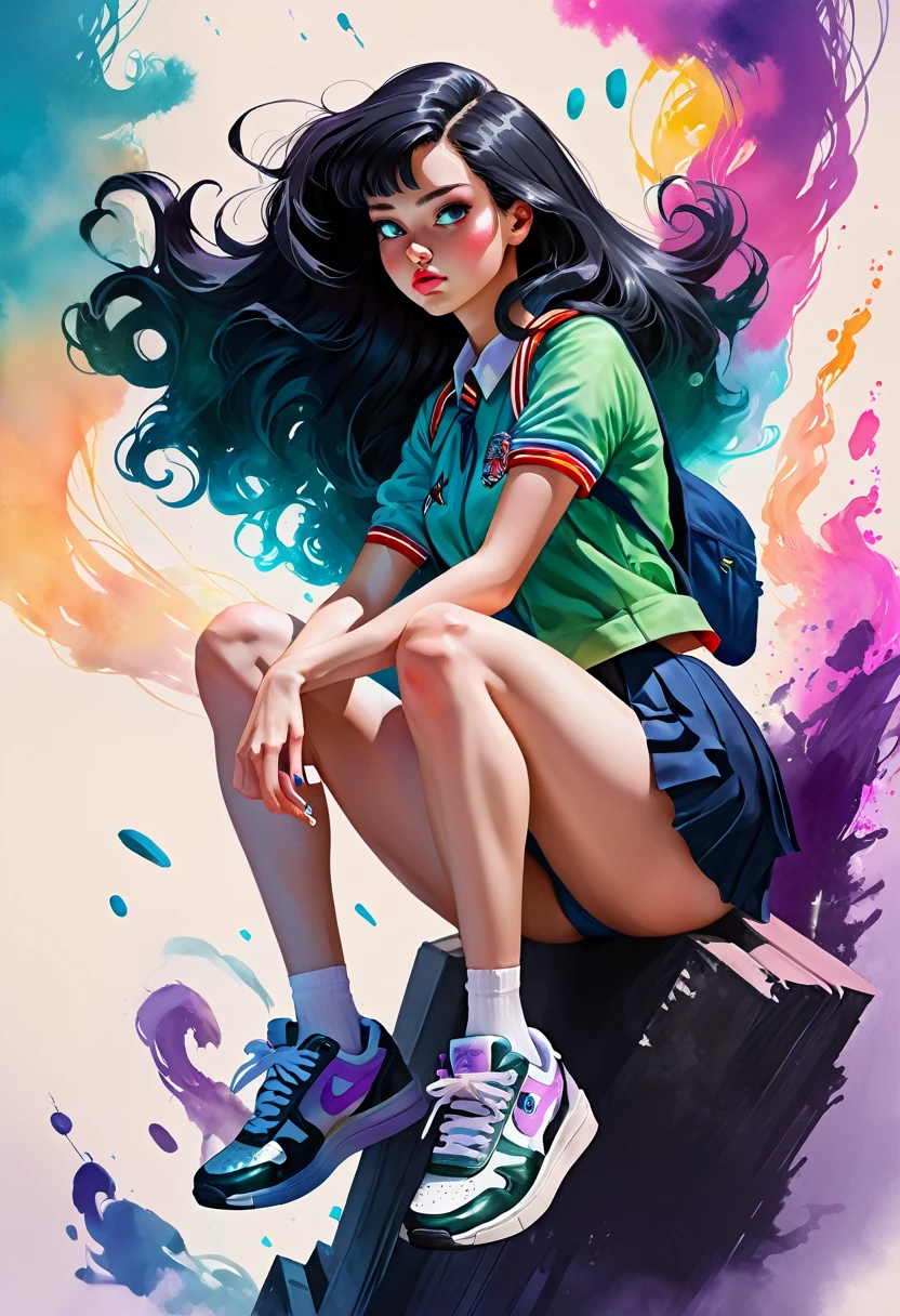 Fantasy digital watercolor painting, Photoshop Watercolor Brushes, One girl, Beauty, sneakers, whole body, High School Uniform:2, Official Art, Black Hair, Retro Wave,Ahoge, Dramatic lighting from below, Bomb Hair