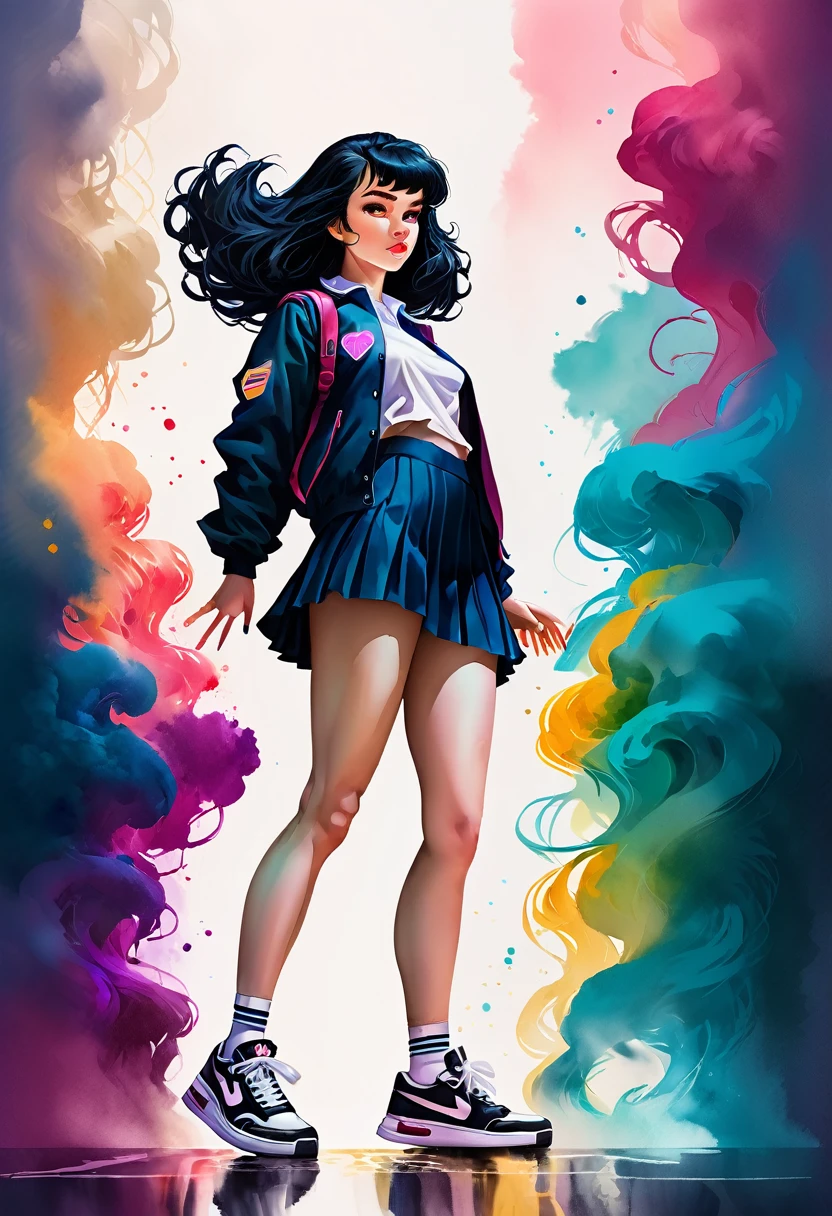 Fantasy digital watercolor painting, Photoshop Watercolor Brushes, One girl, Beauty, sneakers, whole body, High School Uniform:2, Official Art, Black Hair, Retro Wave,Ahoge, Dramatic lighting from below, Bomb Hair