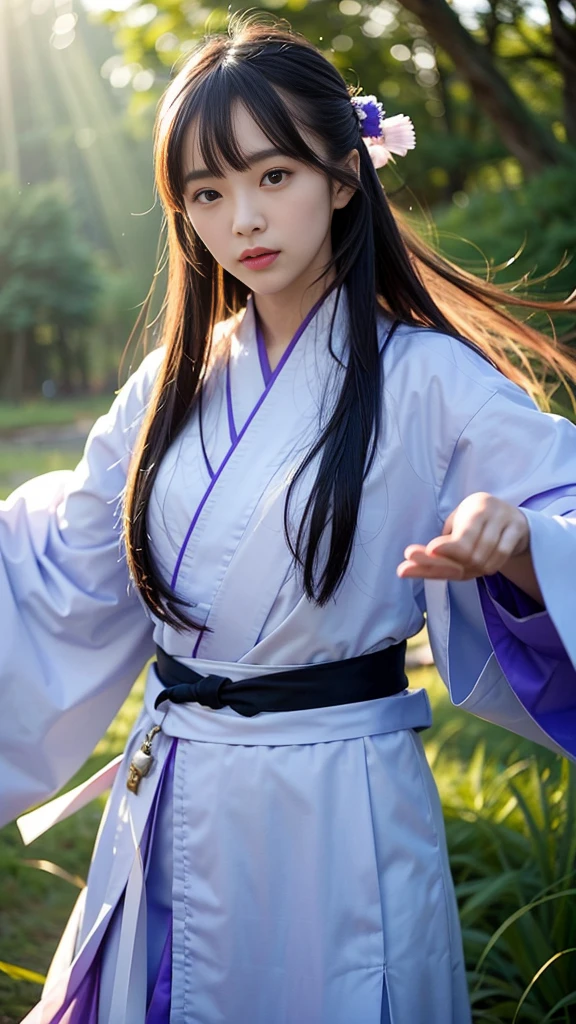 A handsome Chinese girl, sharp eyes, clear facial features, wearing Hanfu, combat posture, martial arts movements, body surrounded by purple mist, runes around, holographic reality, holographic halo, motion blur, game light effects, edge light, soft light, movie edge light, delicate light, masterpiece, super detailed, epic composition, super HD, high quality, highest quality, 32k